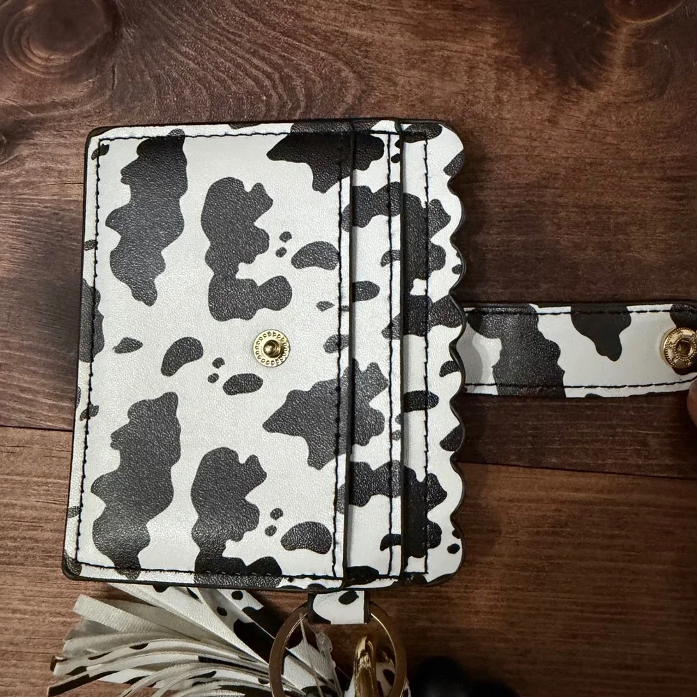 Cow Print Card Holder Wallet with Silicone Bead Wristlet Keychain Tassel Black